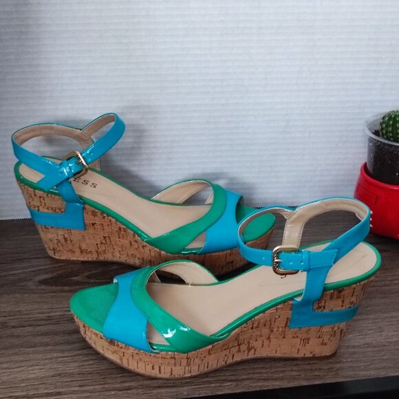 Guess wedge heel sandals blue & green cork sole women's size 8 ? - Picture 1 of 11